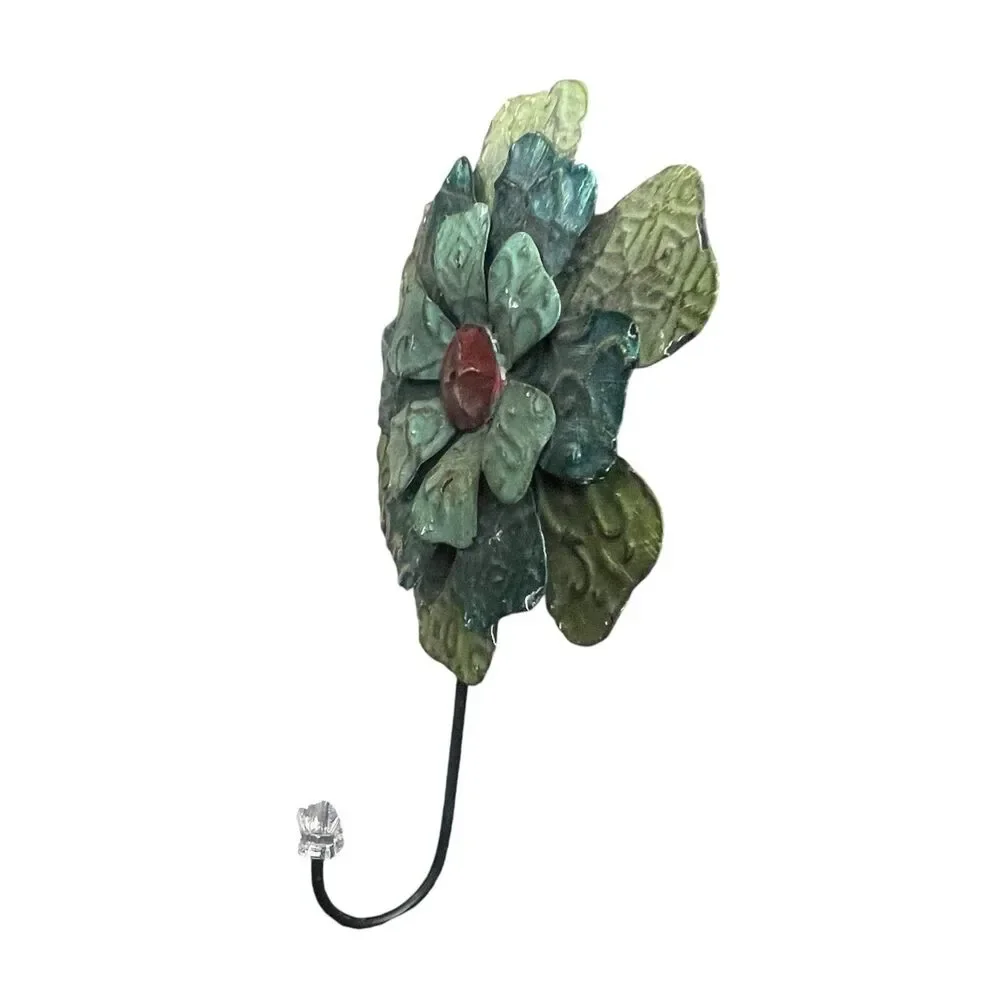 Vintage Pottery Barn Decorative Wall Hook Amber Green Metal Flower Accent Hanger